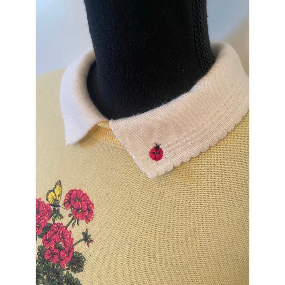 Vintage Morning Sun Cottagecore Yellow Crewneck Peter Pan Collar Bird & Floral - Picture 2 of 8